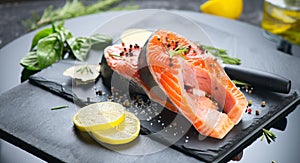 Salmon. Raw trout fish steak with herbs and lemon on black slate background. Cooking