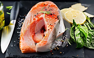 Salmon. Raw trout fish steak with herbs and lemon on black slate background. Cooking, seafood