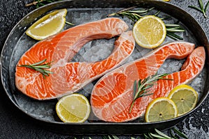 Salmon. Raw trout red fish steak with ingredients for cooking. Cooking Salmon, sea food. Healthy eating concept