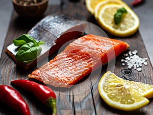 Salmon. Raw trout and red fish steak served with herbs, lemon and olive oil on a wooden board