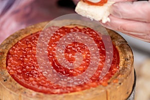Salmon roe or sturgeon black caviar served in a wooden barrel