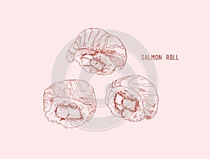 salmon roll sushi . Hand drawn vintage sushi set vector illustration
