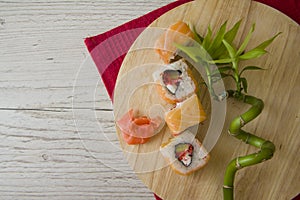 Salmon rolls with bamboo on plate