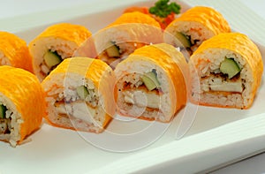 Salmon rolls. Japanese cuisine. Traditional sushi roll with salmon. Asian traditional food sake maki.