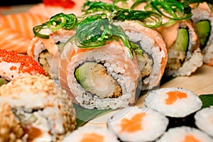 Salmon rolls seasoned with nori in a diverse sushi set.