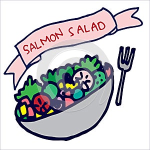 Salmon salad in the bowl with fork illustration. healthy food with fresh vegetable and salmon. hand drawn vector. doodle art for l