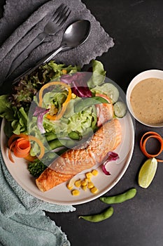 Salmon salad on dish