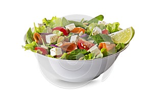 Salmon salad with lettuce isolated on white