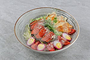 Salmon salad on a stone background studio shooting 1