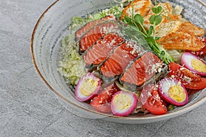 Salmon salad on a stone background studio shooting 5