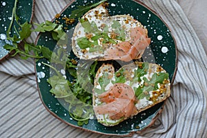 Salmon sandwiches with cream cheese, arugula, mustard, spices on the plate.