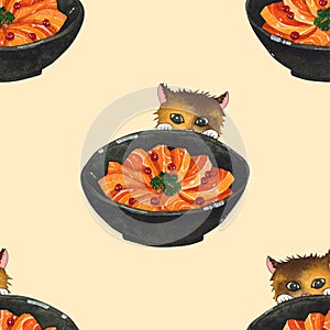 Salmon Sashimi Bowl and Cute Cat Peeking Watercolor. Illustration Seamless Background