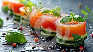 Salmon Sashimi on Cucumber Slices with Microgreens.