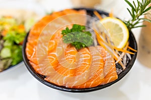 Salmon Sashimi, popular raw fish seafood serve in Japanese restaurant high nutrition with omega oil menu