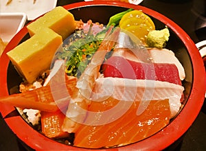 Salmon   sashimi set with wasabi.japanese food with salmon, tuna, shrimp, mackerel, salmon roe and roll omelette fresh