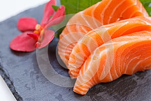 Salmon Sashimi : Sliced Raw Salmon Served with Sliced Radish on Stone Plate