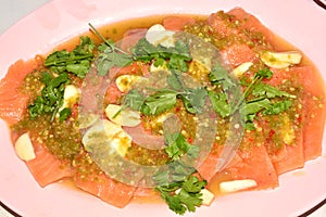 Salmon Sashimi in Spicy Hot Sauce
