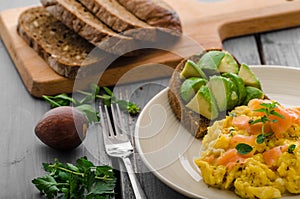 Salmon scrambled eggs and avocado toast