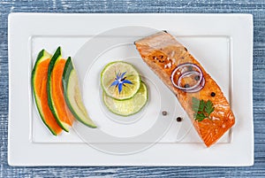 Salmon, slats carote and zucchini minimalist image