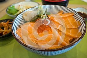 Salmon slice and salmon roe with rice, Japanese food