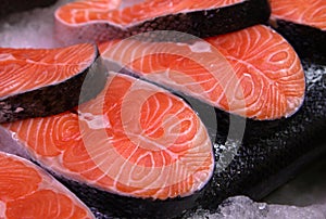 Salmon slices on ice