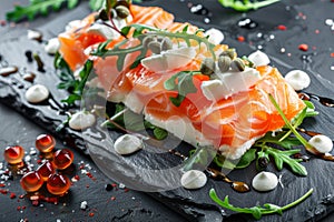 Salmon Slices Millefeuille with Cream Cheese Mousse, Arugula and Capers, Exquisite Trout Sashimi