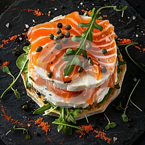 Salmon Slices Millefeuille with Cream Cheese Mousse, Arugula and Capers, Exquisite Trout Sashimi photo