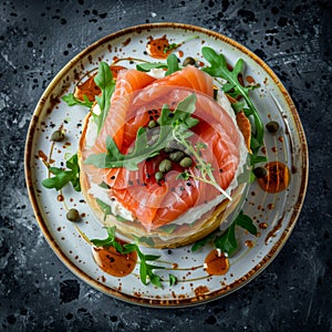 Salmon Slices Millefeuille with Cream Cheese Mousse, Arugula and Capers, Exquisite Trout Sashimi photo