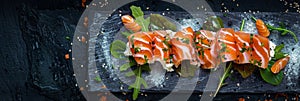 Salmon Slices Millefeuille with Cream Cheese Mousse, Arugula and Capers, Exquisite Trout Sashimi photo