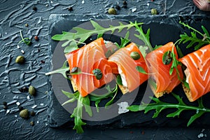 Salmon Slices Millefeuille with Cream Cheese Mousse, Arugula and Capers, Exquisite Trout Sashimi photo