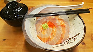 Salmon and spawn in a bowl with miso soup