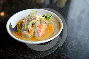 salmon spicy salad. Japanese and thai fusion food. image for background