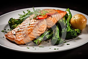 Salmon steak with asparagus and vegetables on a white plate, Grilled salmon fillet with vegetables on a white plate closeup, AI