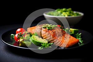 Salmon steak with avocado and cherry tomatoes on black plate over black background