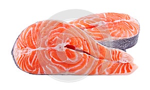 Salmon steak, fresh fish slice, trout on white isolated background with clipping path, full depth of field