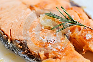 Salmon steak with herbs and spices rosemary on plate background - Close up cooked salmon fish fillet steak seafood
