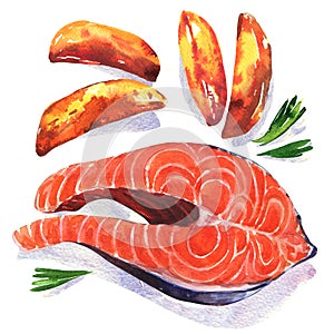 Salmon steak red fish with fresh baked potato wedges with herbs, close-up, isolated, hand drawn watercolor illustration