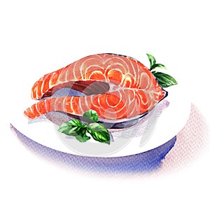 Salmon steak red fish with green basil on white plate, seafood, isolated, hand drawn watercolor illustration on white