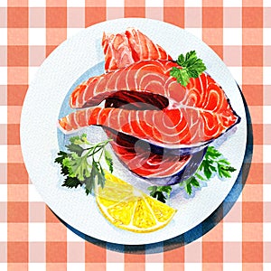 Salmon steak red fish on white plate