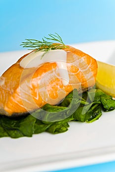 Salmon steak on spinach