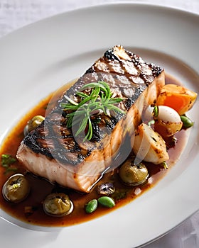 Salmon Steak with Vegetables and Herbs on White Plate.