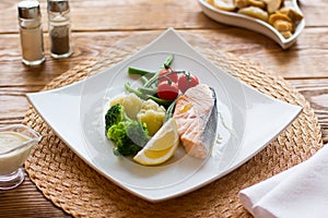 Salmon steak and vegetables. Lenten healthy food.