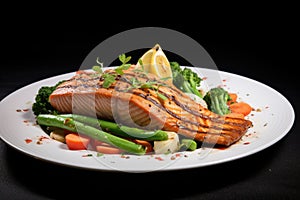 Salmon steak with vegetables on a white plate on a black background, Grilled salmon fillet with vegetables on a white plate