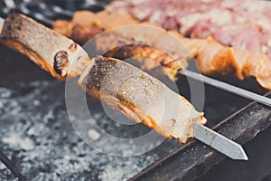 Salmon steaks kebab. Fresh fish on grill, bbq