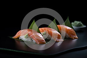 Salmon Sushi on Dark Background, Salmon Susi Lunch, Nori Maki, Nigiri Sushi Roll, Japanese Seafood