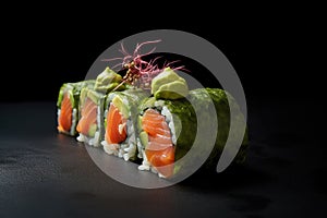 Salmon Sushi on Dark Background, Salmon Susi Lunch, Nori Maki, Nigiri Sushi Roll, Japanese Seafood