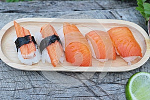 Salmon sushi is delicious, traditional japanese food.