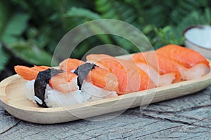 Salmon sushi is delicious, traditional japanese food.