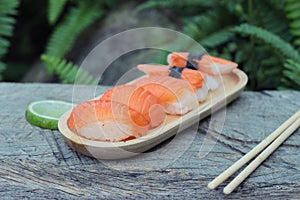 Salmon sushi is delicious, traditional japanese food.