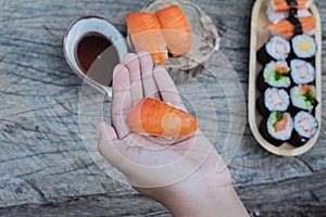 Salmon sushi is delicious, traditional japanese food.